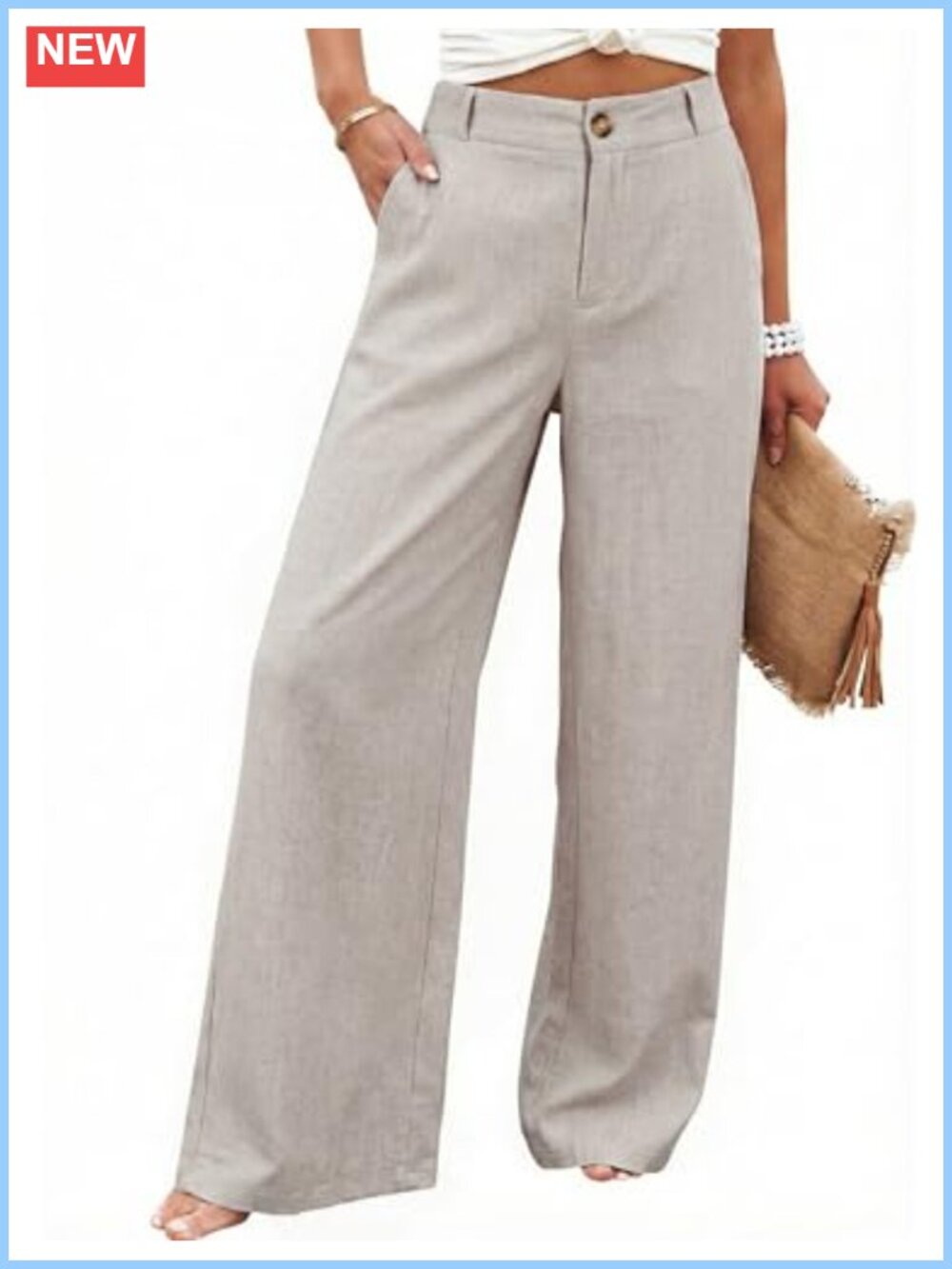 Cotton Linen Wide Leg High Waist Pants Button Up Casual Trousers